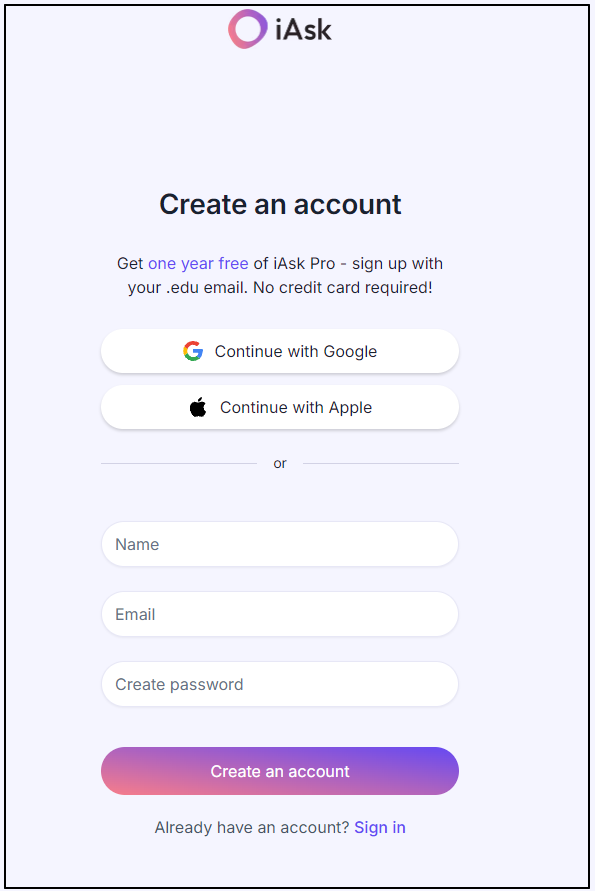 Экран регистрации и входа в iAsk.AI