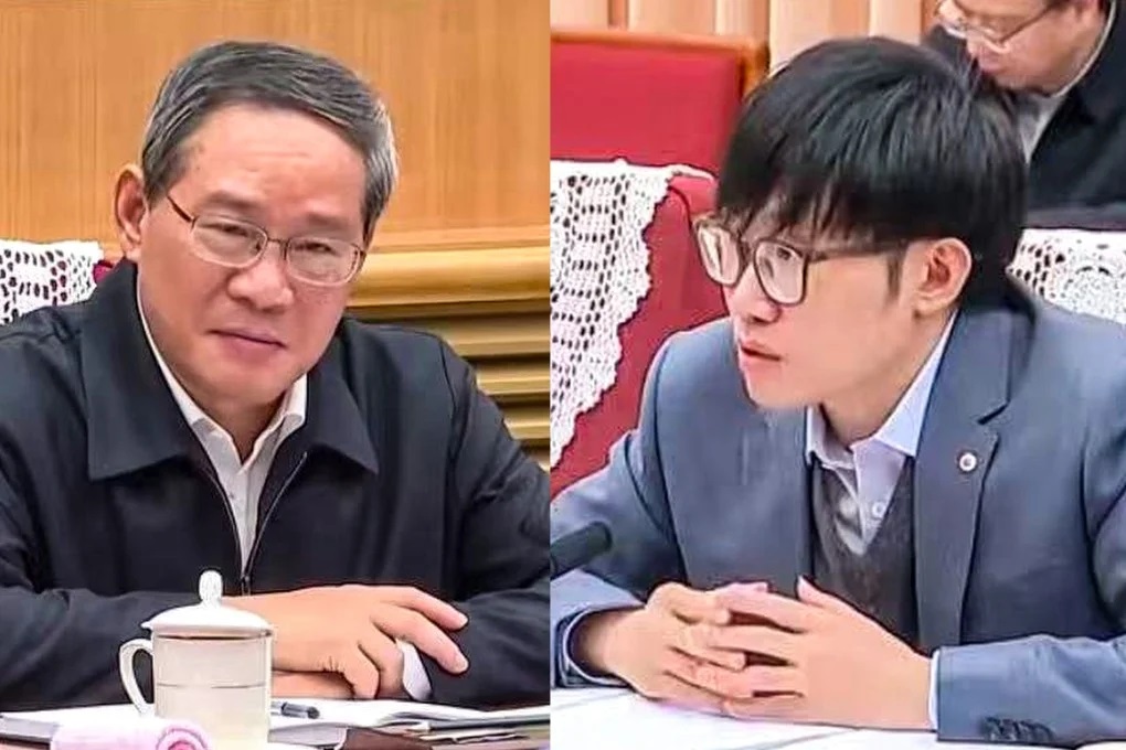 Скриншоты из интервью CCTV News. Слева Ань Юн (интервьюер), справа Лян Вэньфэн