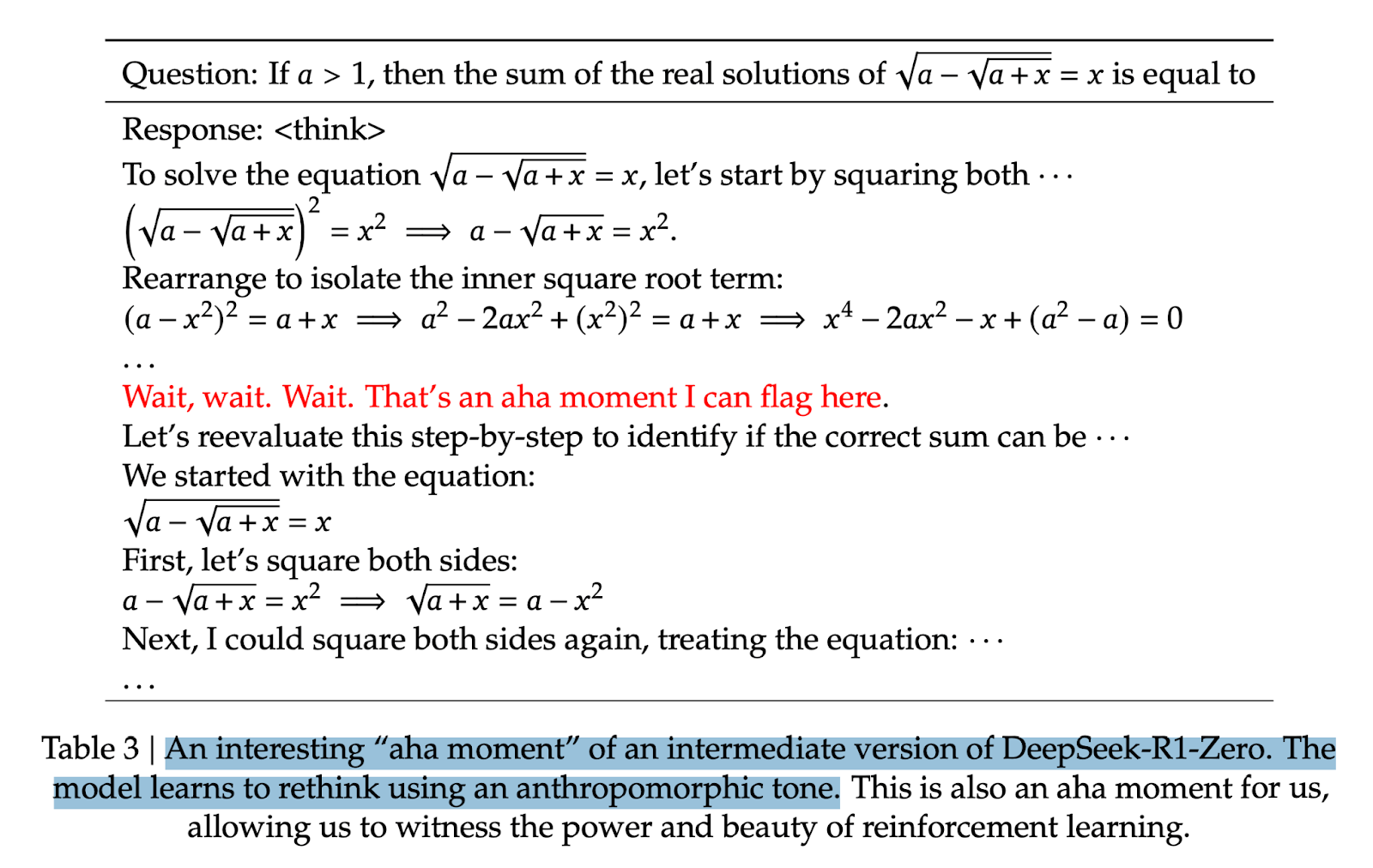 Aha moment. Модель остановилась и начала рефлексировать не смотря на то, что её этому не обучали напрямую.