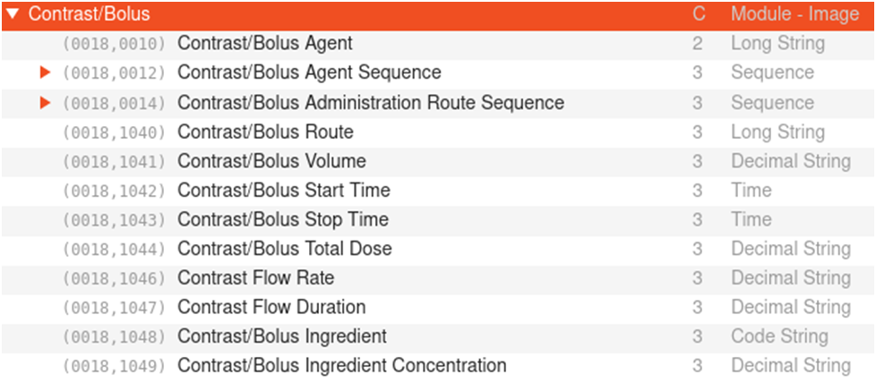Рисунок 38. DICOM-тэги для описания примененных контрастных веществ [источник]