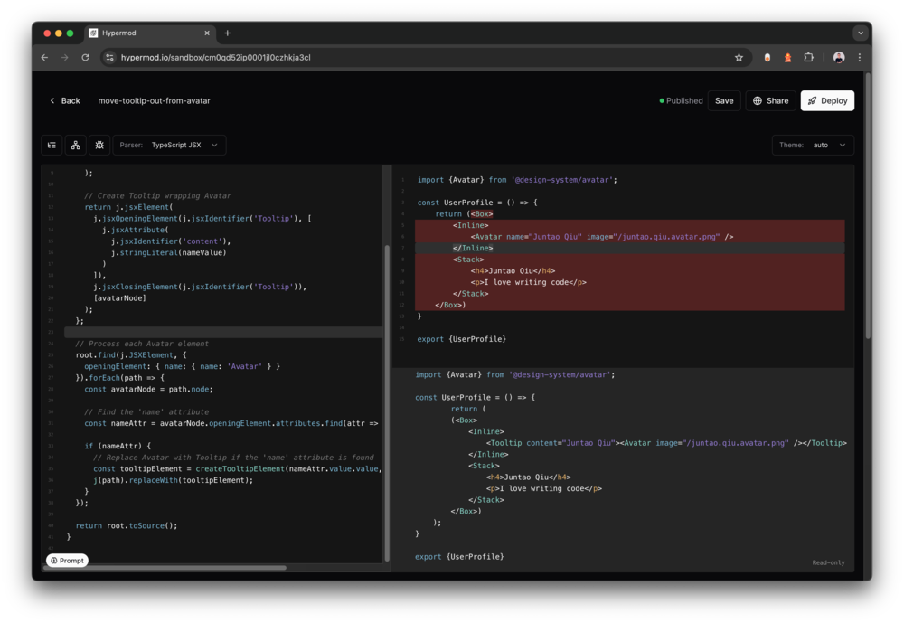 Рисунок 5: Проверка изменений в Hypermod перед применением к кодовой базе