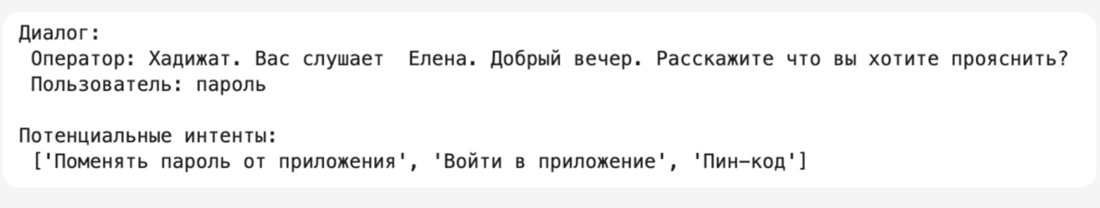 Диалог и потенциальные интенты, о которых LLM может доспросить