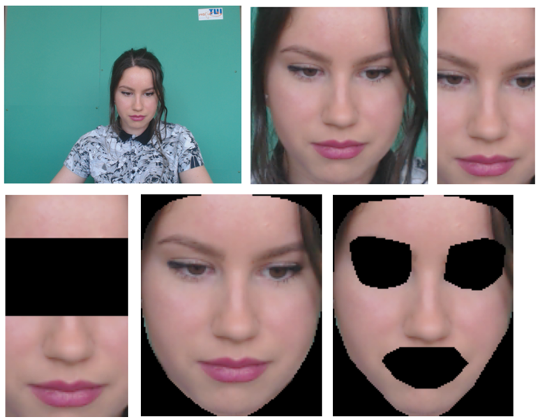 Рисунок 7. Сравнение методов выбора области интереса. Исходный кадр (а); прямоугольная рамка, ограничивающая лицо при применении алгоритма Виолы и Джонса (б); выбор центральной области рамки, чтобы убрать фон (в); закрытие области глаз для устранения влияния бликов (г); выделение лица с помощью точек ориентиров с помощью алгоритма Mediapipe Face Mesh (д); закрытие области глаз и рта с помощью точек ориентиров (е). Здесь и далее кадры взяты из датасета UBFC-rPPG для участников, которые подписали согласие на использование своих данных в статьях [37].