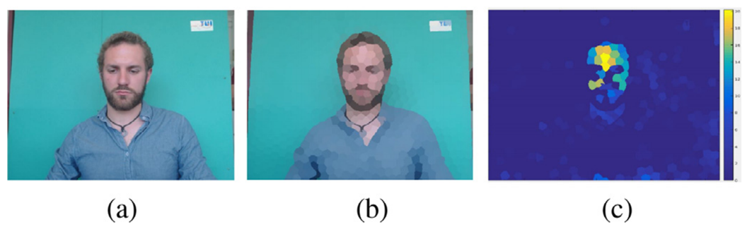 Рисунок 12 [37]. Разделение кадров (а) на темпоральные суперпиксели (б) и оценка качества сигнала в каждом из квадратов них (в).