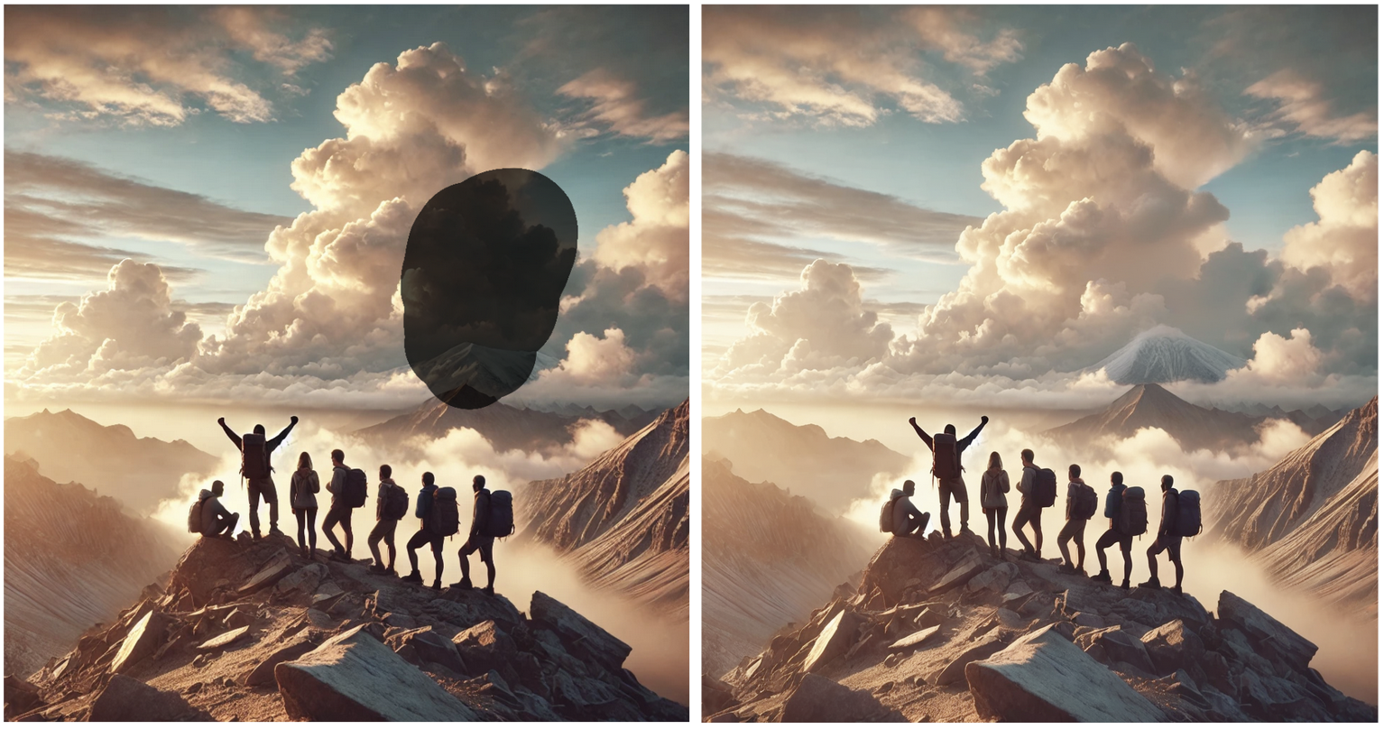 erupting volcano. Здесь и далее: Stable Diffusion XL Inpainting, маска выделена тёмным