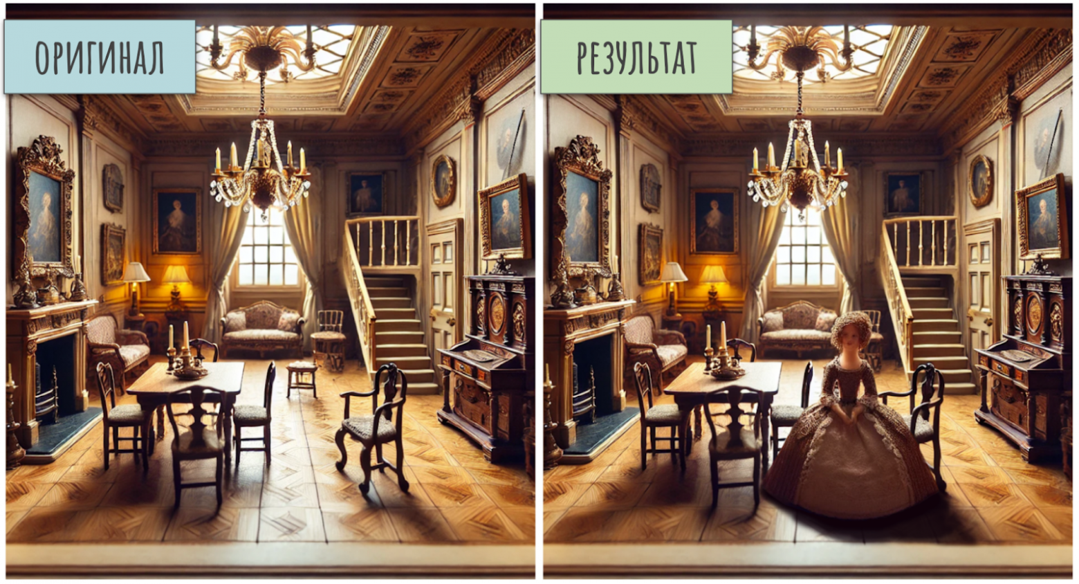 Запрос пользователя: «на переднем плане, справа от стола, нарисуй фарфоровую миниатюрную куклу в платье в стиле 18 века»