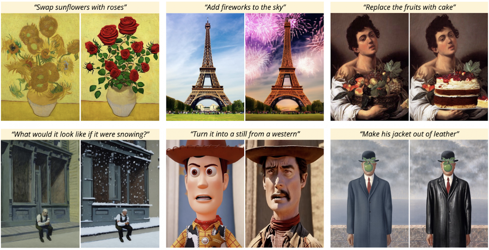 Пример результатов работы подобной модели: исходники слева, результаты справа, пользовательские инструкции сверху. Модель: InstructPix2Pix