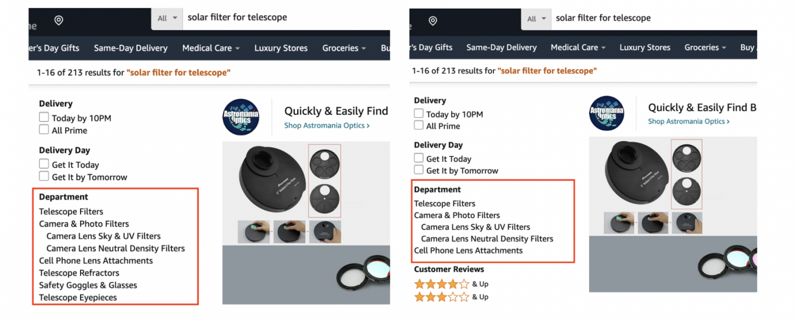 Два варианта дизайна левой панели фильтров на amazon для A/B-тестирования