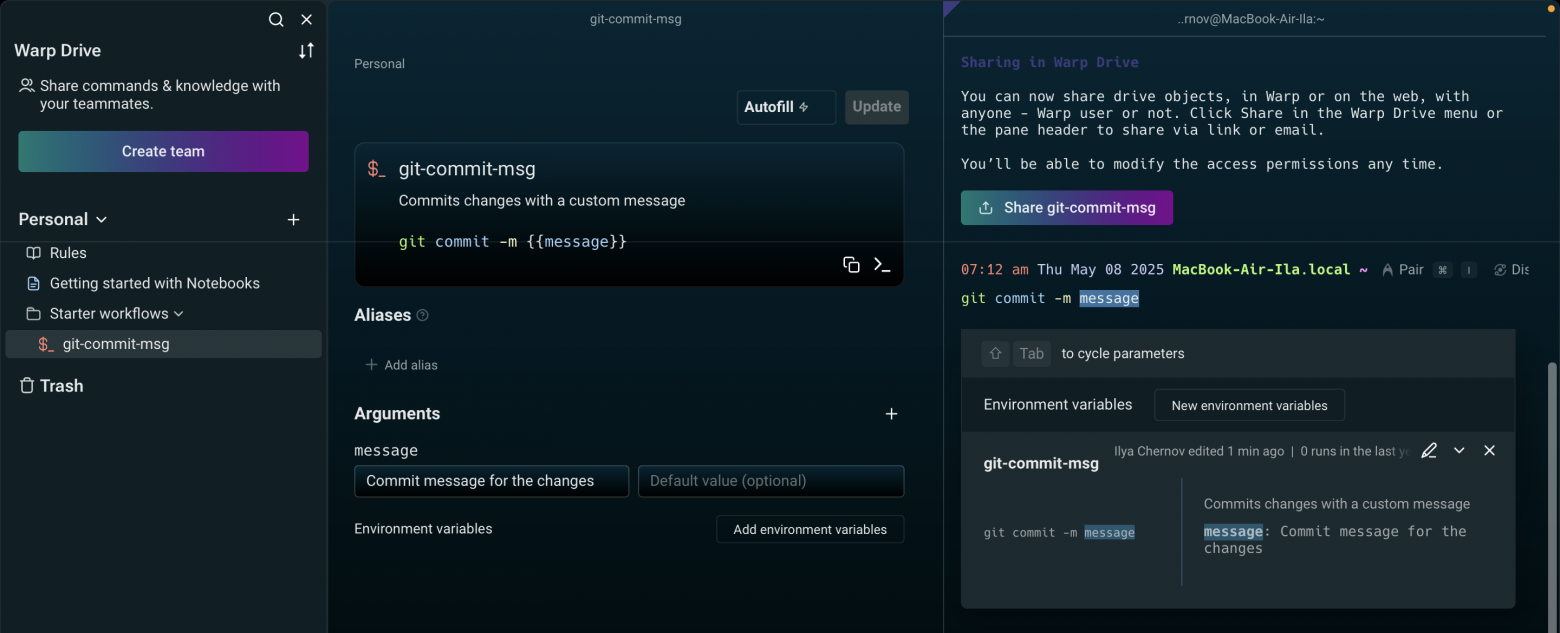 Настройки Warp Drive с примером сохранённой команды.
