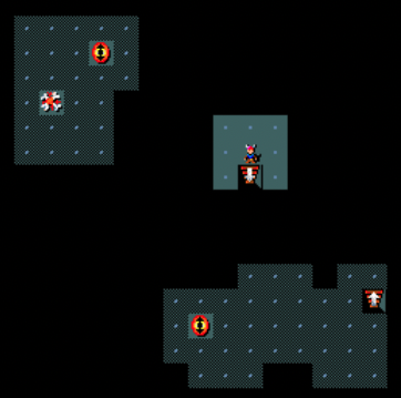 Маленькая фигура — это агент. Лестницы вверх и вниз — начальная и целевая точки соответственно. Глаза обозначают обнаруженные телепортационные ловушки, кости — останки побежденного монстра. Темно-серые области — уже посещенные агентом места, а светло-серый участок 3×3 вокруг агента — только что открытая зона