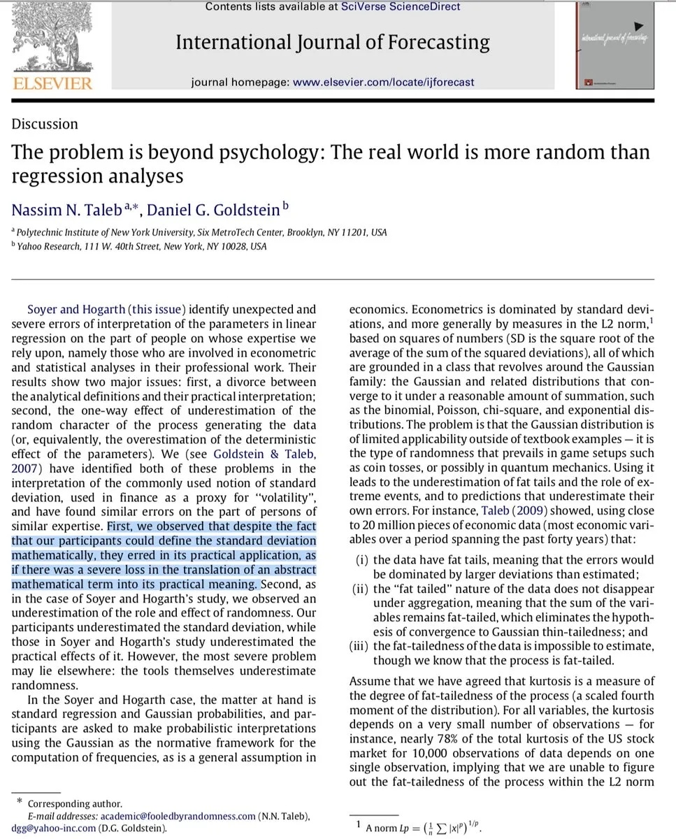 Как социальные учёные не могут переложить статистические понятия на их практический смысл: "Сначала мы заметили, что, хотя наши участники и могли дать математическое определение стандартного отклонения, они допускали ошибки при его практическом применении, как будто они совершенно не могли переложить абстрактное математическое понятие на реальную ситуацию."