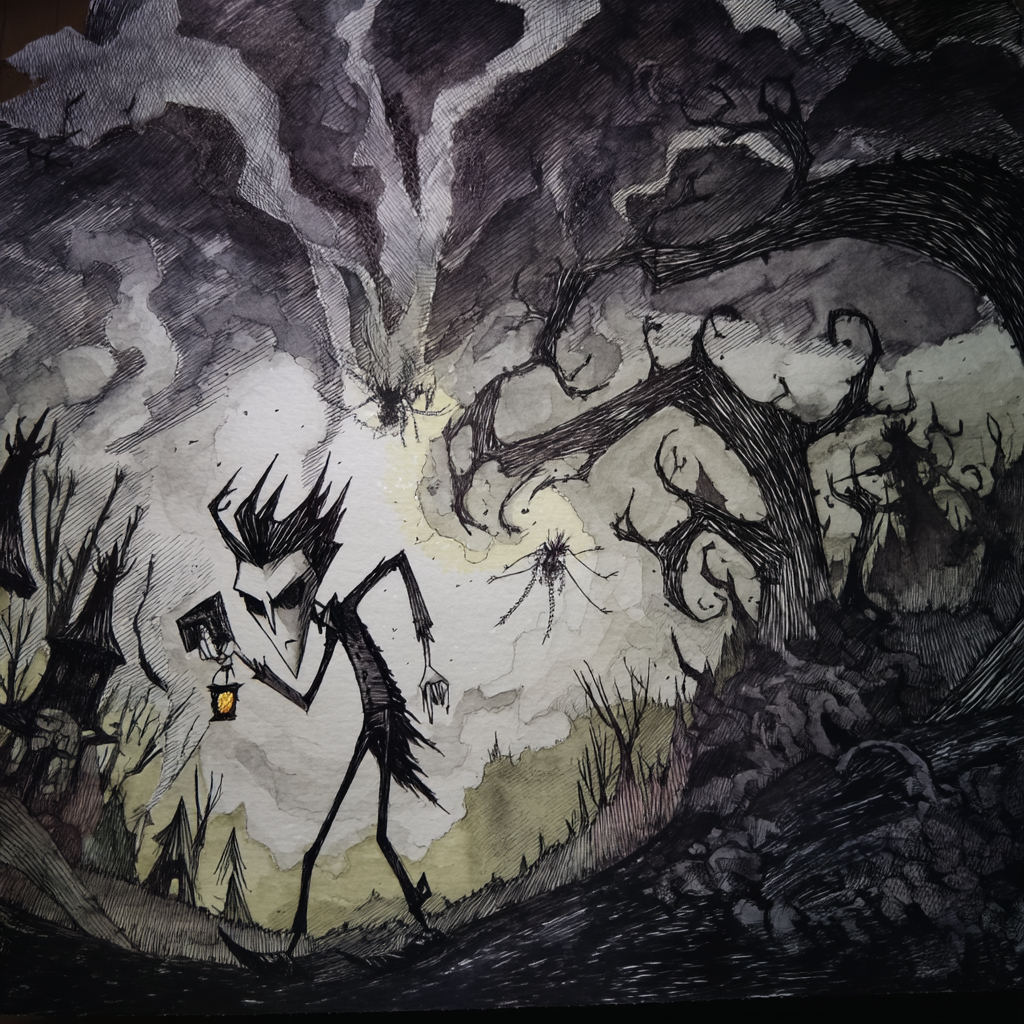 Мрачный, ручной рисованный стиль игры Don't Starve, главный герой - худощавый персонаж с длинным носом и угловатыми чертами лица, одетый в потрепанную одежду, стоит на фоне жуткого леса, держит в руках лампу, от которой идёт мягкий свет, искаженные деревья с длинными ветвями, похожими на скрюченные пальцы, темное небо с мрачными облаками, контрастные цвета, вокруг летают силуэты странных насекомых, эффект карандашного рисунка, мистическая атмосфера