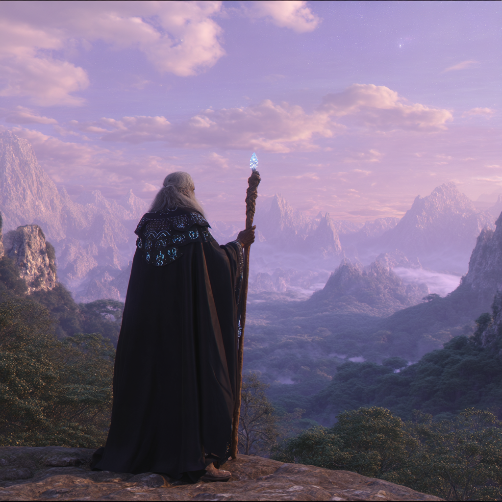 Мудрец в черной струящейся мантии с замысловатой вышивкой, держащий древний деревянный посох, светящийся рунами, стоит на скале, возвышаясь над мистической долиной в стиле Теда Несмита