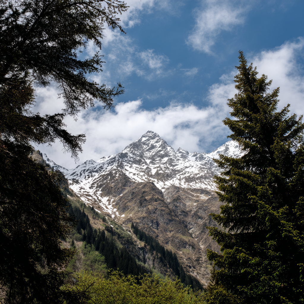 Горный пейзаж с заснеженными вершинами --no река