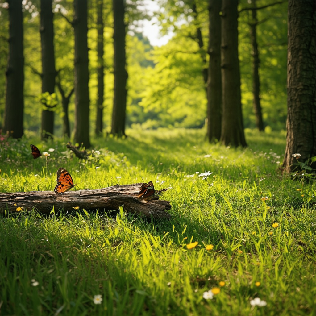 Летняя поляна в густом лесу, залитая солнечным светом. Мягкая трава и разнообразные полевые цветы покрывают землю, создавая яркий ковер. Вокруг поляны высокие деревья с пышной зелёной листвой, сквозь которую пробиваются солнечные лучи. Легкий ветерок шевелит листья и траву. В центре поляны стоит старое деревянное полено, окруженное порхающими бабочками. Теплая и спокойная атмосфера, вызывающая ощущение уюта и безмятежности. Реалистичный стиль, живописная сцена природы.