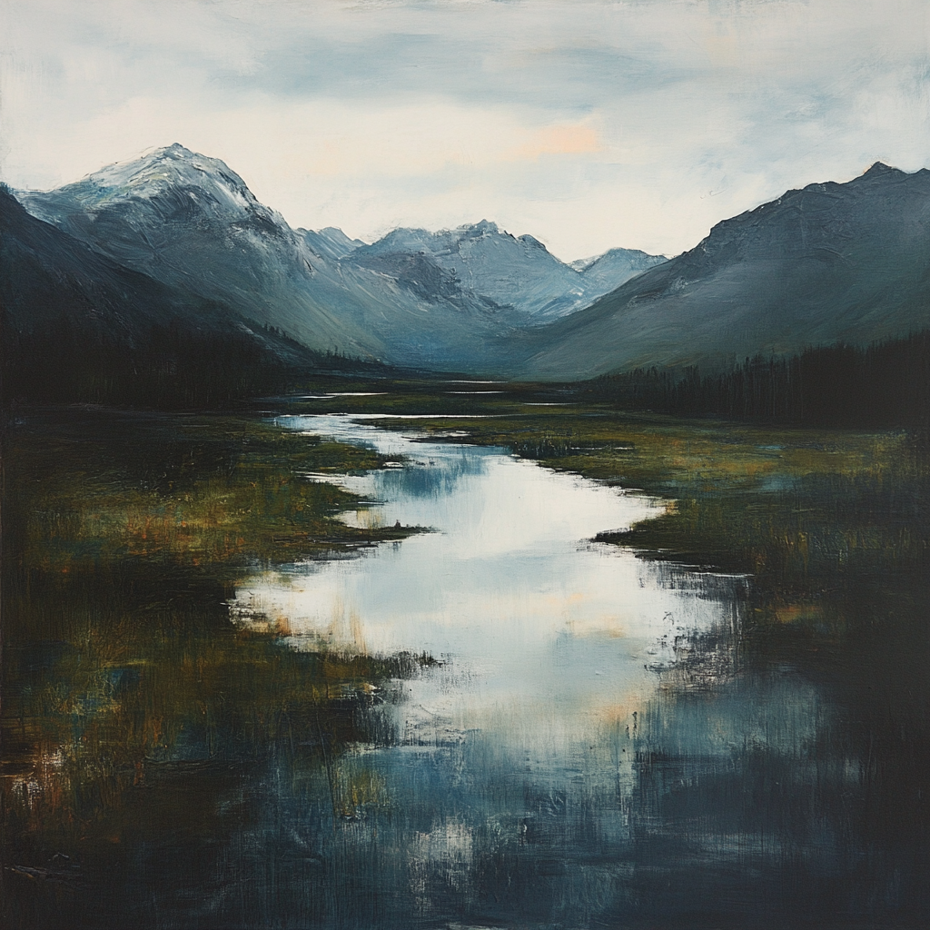 beautiful landscape, high mountains::1, river::3