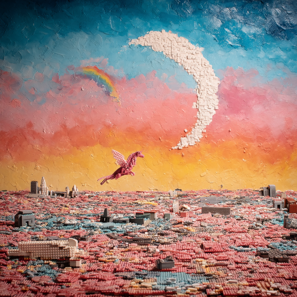 Постапокалиптический город, где здания сложены из детских игрушек LEGO, а небо выглядит как акварельный закат в стиле Моне. Вдалеке виднеется розовый единорог, летящий на радуге.