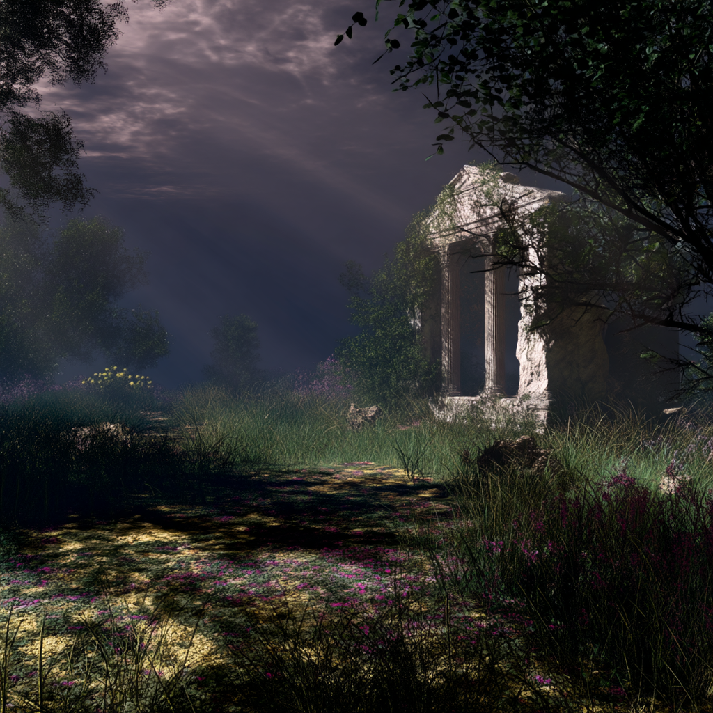 Загадочная ночная поляна с разрушенным, заросшим храмом --seed 123