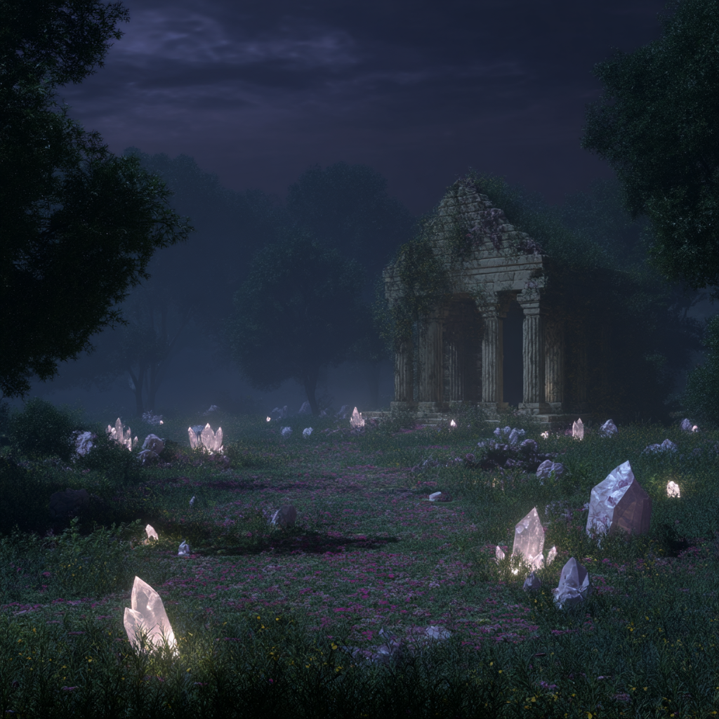 загадочная ночная поляна с разрушенным, заросшим храмом и светящимися кристаллами --seed 123