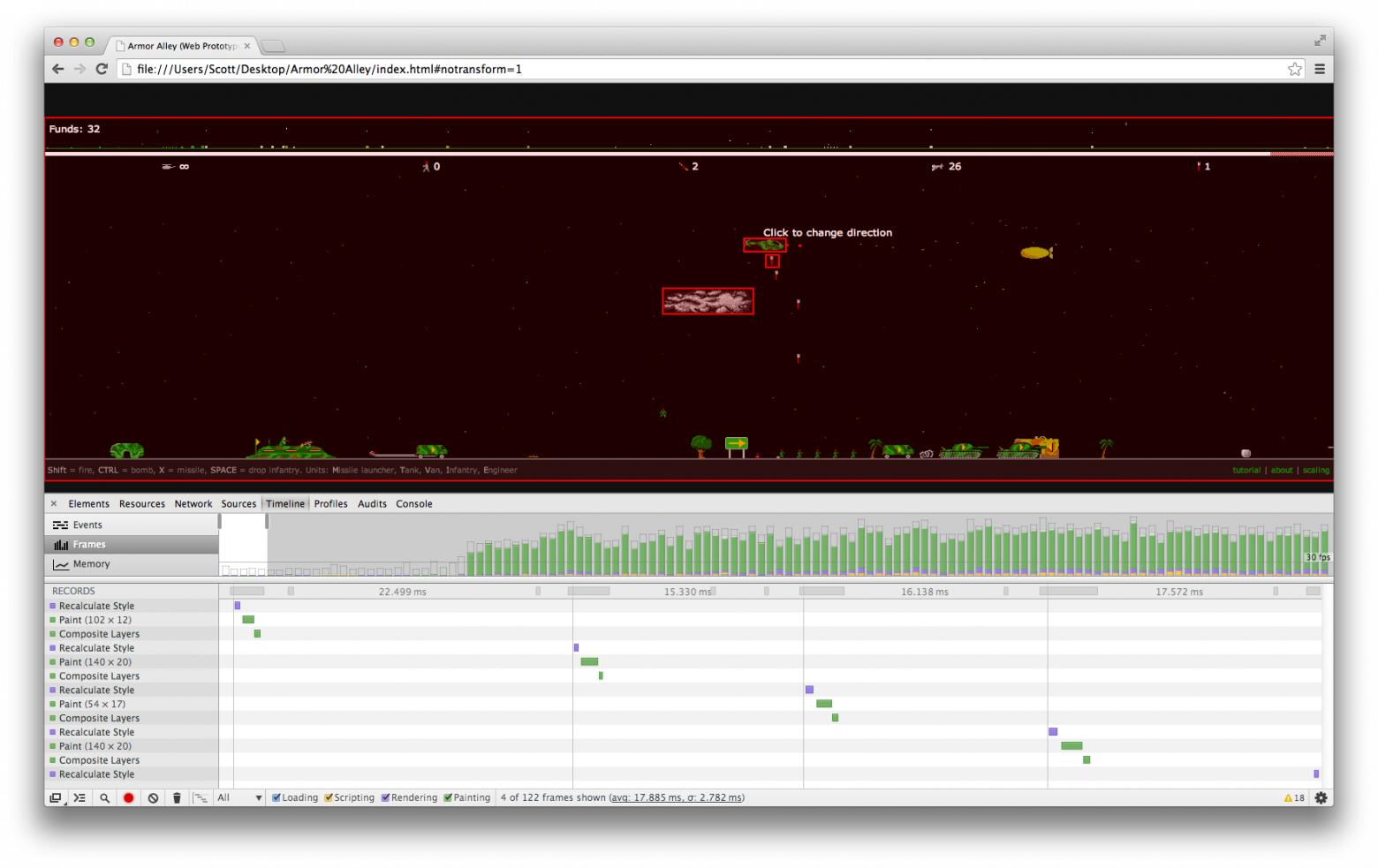 Веб-прототип без GPU-ускоренного преобразования: translate3d() — обратите внимание на преобладание красного цвета (дорогая перерисовка) и очень медленные кадры. 