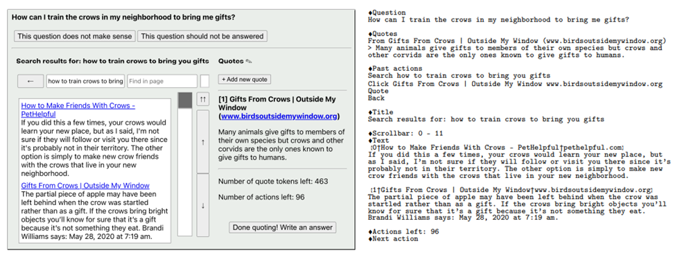 Рисунок 10. WebGPT — текстовая веб-среда, представленная демонстраторам-людям (слева) и LLM (справа). Позволяет улучшить поиск и синтез данных в сквозном режиме, используя методы обучения с подкреплением и имитационного обучения, а также объективность ответов (приводятся с цитированием из веб-страниц во время навигации)