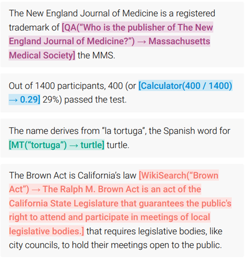 Рисунок 9. Примеры предсказаний Toolformer. Модель самостоятельно принимает решение о вызове различных API (сверху вниз: система ответов на вопросы, калькулятор, система машинного перевода и поисковая система Wikipedia) для получения информации, полезной при завершении фрагмента текста.