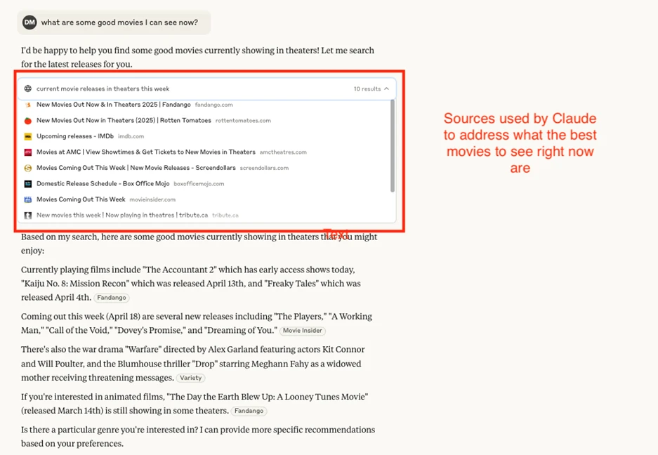 Скриншот интерфейса Claude с включенным поиском по сети