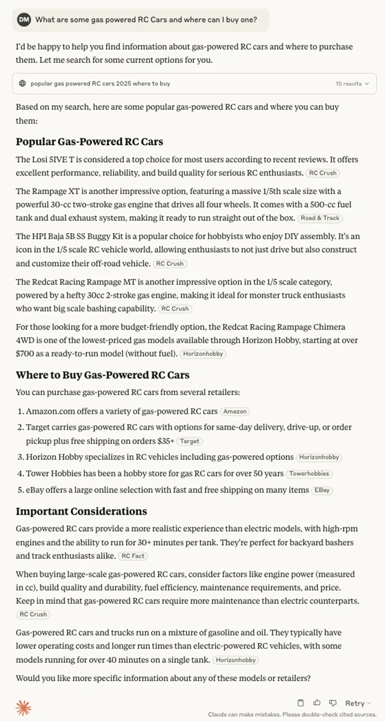 Результат поиска Claude для запроса про газовые радиоуправляемые машинки