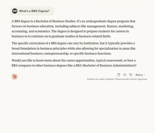 Результат поиска Claude для запроса "Что такое степень BBS?"