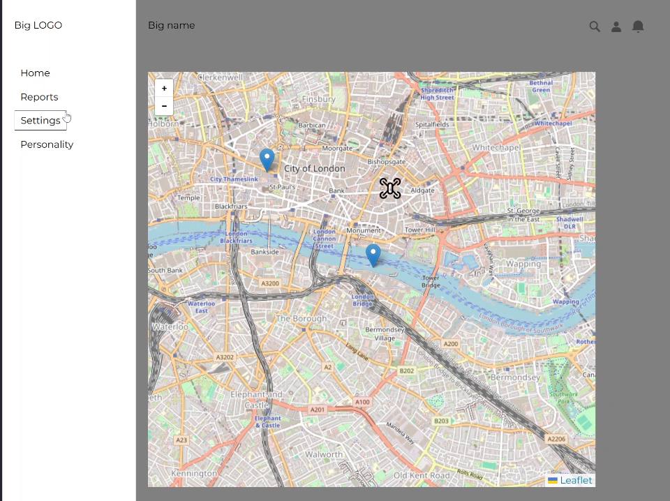 Веб-интерфейс с тестовым отображением геопозиции дрона.