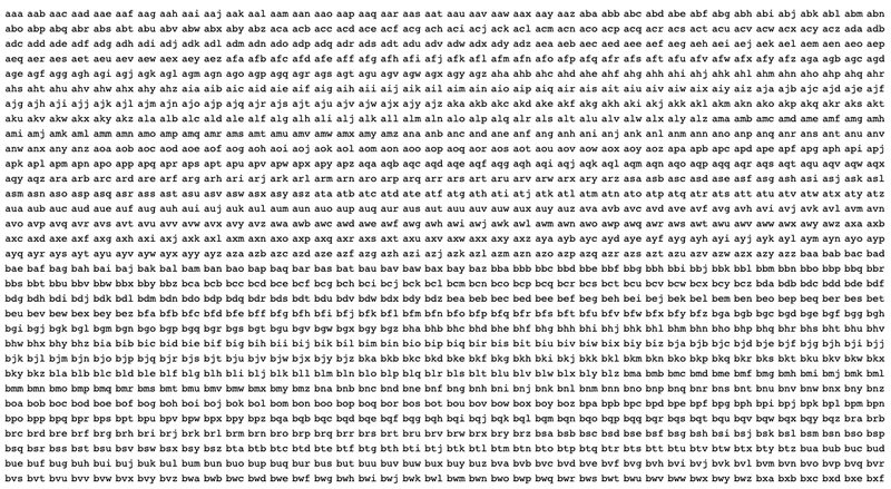 Вавилонская библиотека в миниатюре: начало списка всех возможных перестановок букв английского алфавита по три штуки на слово