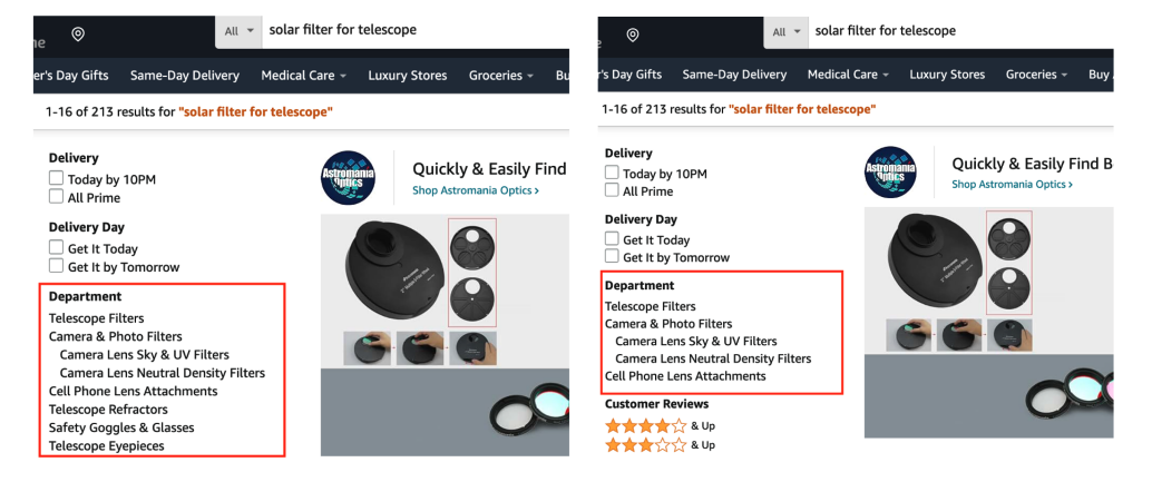 Две версии левого фильтра на Amazon.com для A/B-теста: в контрольном варианте показаны все опции фильтра, а в экспериментальном скрываются варианты с релевантностью ниже 80% к запросу