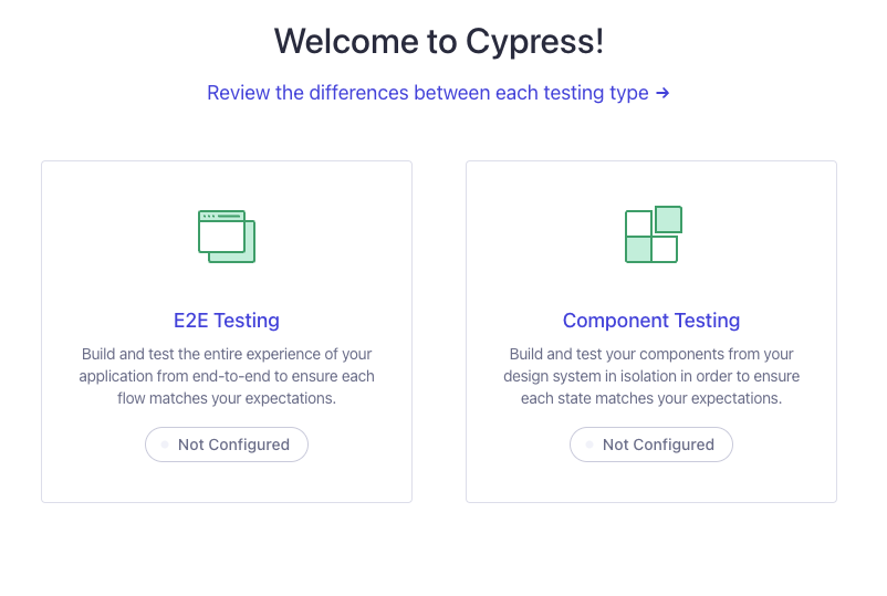 Cypress открывает окно, где я выбираю E2E Testing