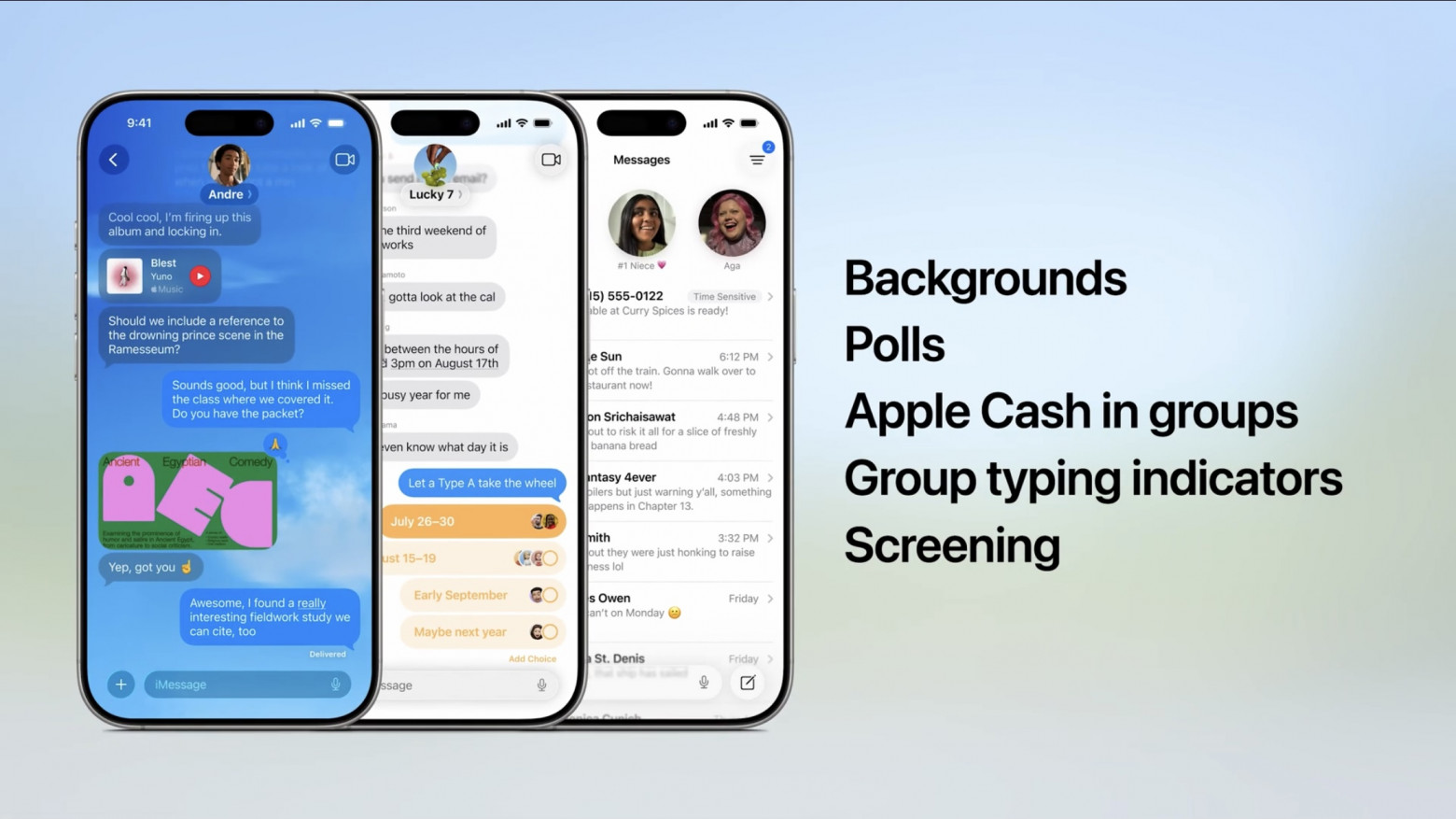 А в сообщениях можно отделить сообщения от неизвестных отправителей, добавлены опросы и кастомные фоны, которые можно сгенерировать в Image Playground: а в групповых чатах помимо новымх опросов – есть и переводы денег через Cash прямо в чатах.