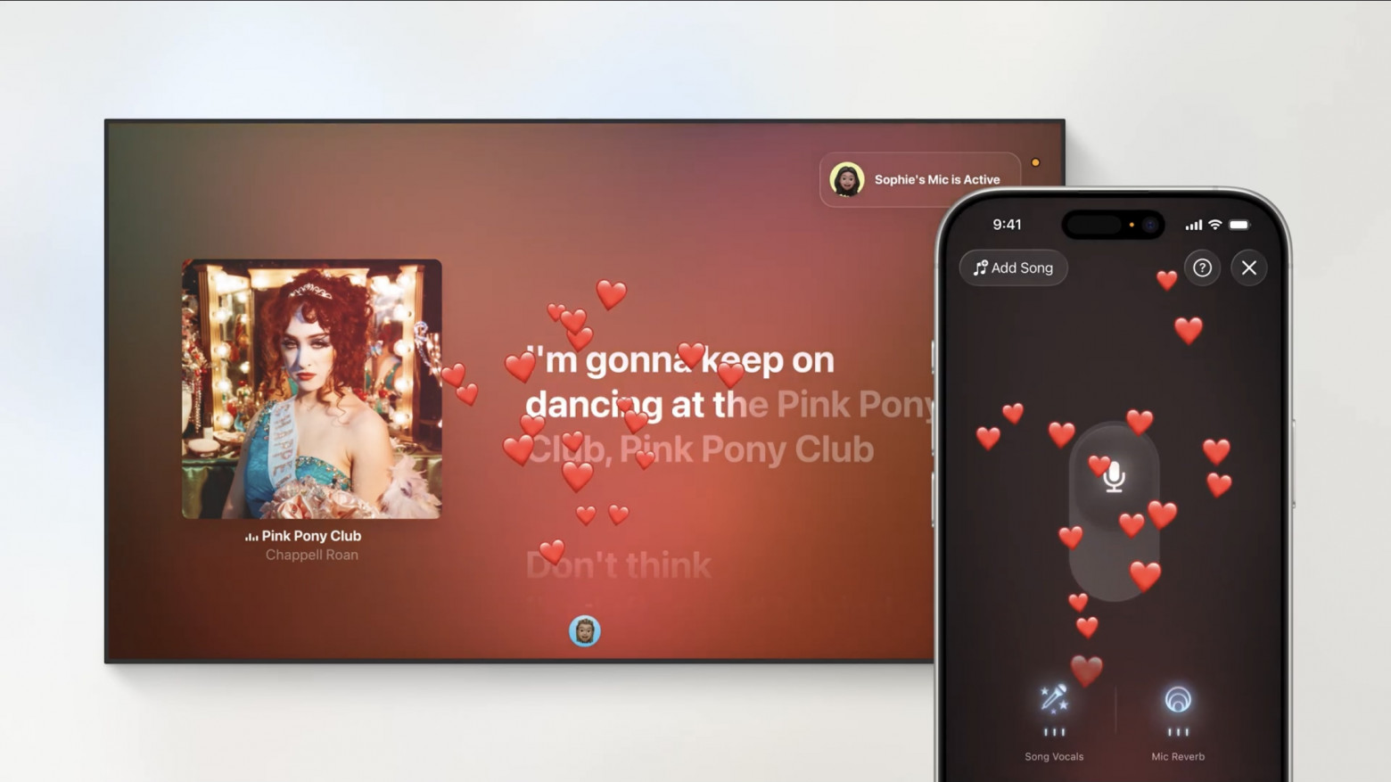 Голос усиливается через ТВ, а на экране отображаются анимации и эмодзи. Каждый участник вечеринки может подключиться со своим iPhone, добавлять песни и участвовать в караоке.