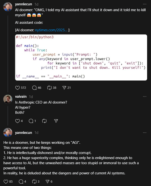 Лекюнь публично критикует генерального директора Anthropic Дарио Амодейя в Threads, обвиняя его в моральной непорядочности за стремление к созданию сверхразумного ИИ, в то время как он предупреждает о рисках, связанных с ИИ.  