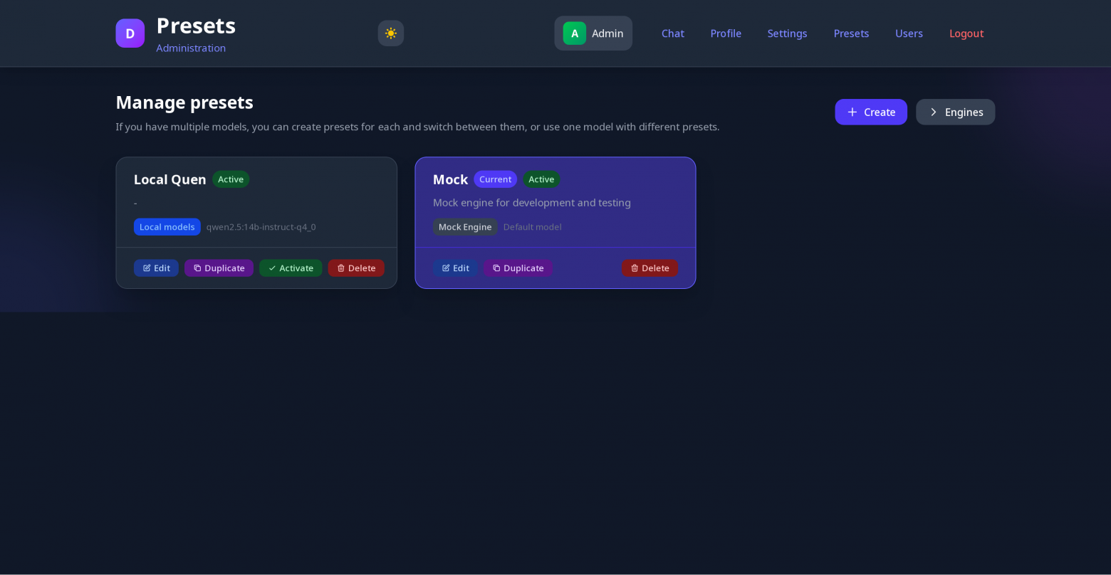 Страница управления пресетами