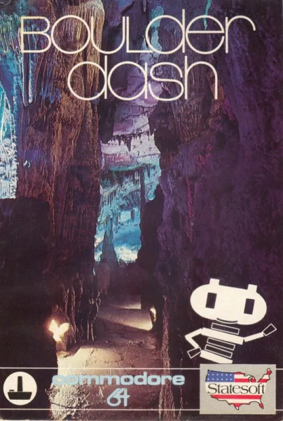 Атмосферная обложка европейской версии игры Boulder Dash для Commodore 64