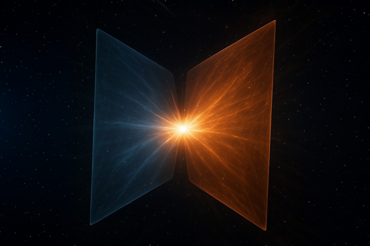 Два браны сталкиваются в многомерном пространстве, создавая новую вселенную.