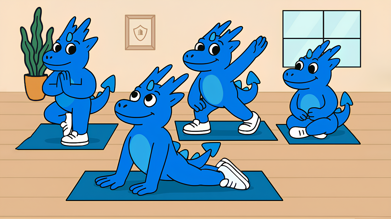 Наш маскот тоже любит активно отдыхать и для себя он выбрал йогу. Кстати, в хатха-йоге есть поза дракона и она называется максиканагасана 