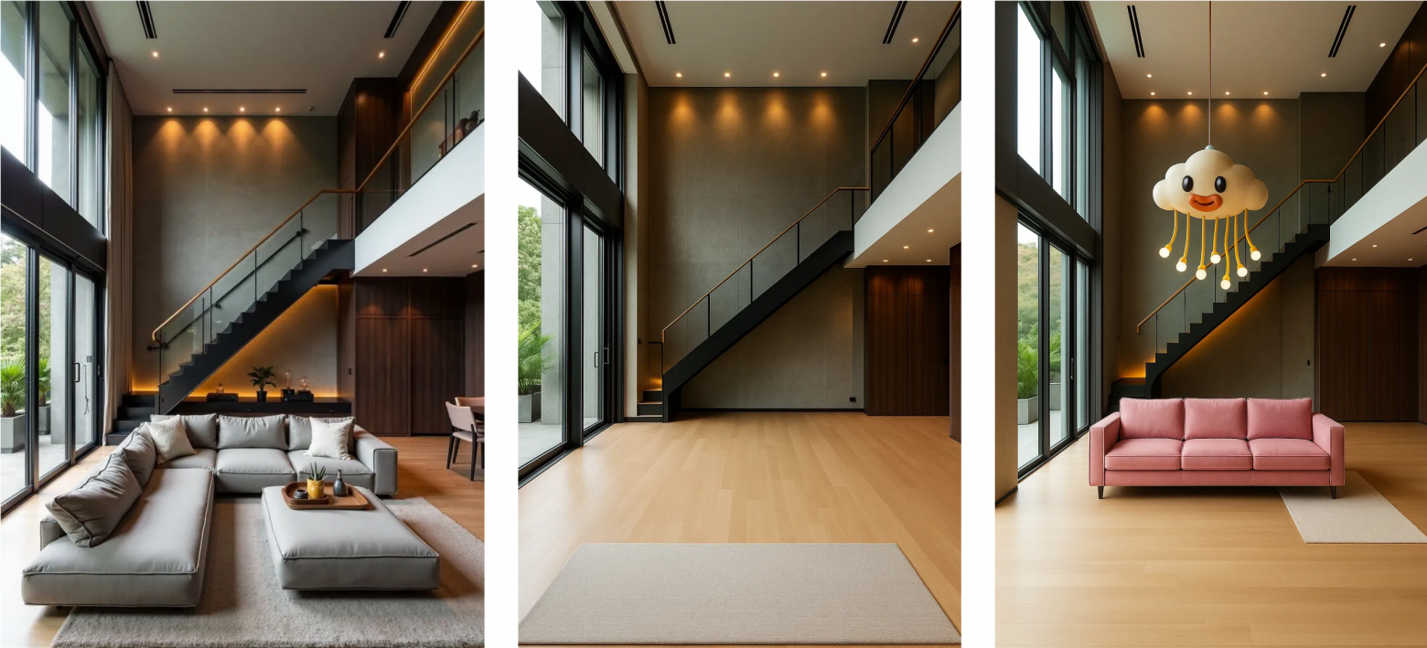  Взял фото квартиры из интернета на первом фото, затем попросил убрать мебель. А на 3 картинке попросил поставить розовый диван в центре и с потолка необычную люстру  