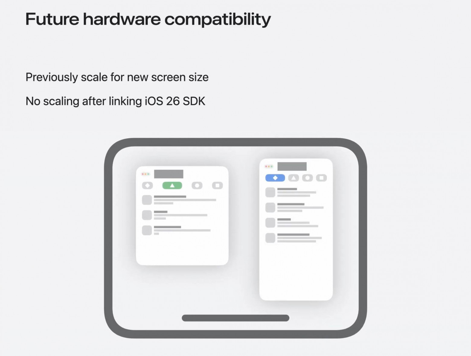 При этом приложение, которое с iOS 26 SDK будет поддерживать формат сцен для iPadOS в полноэкранном режиме – точно также может работать и на других размерах дисплеев автоматически.