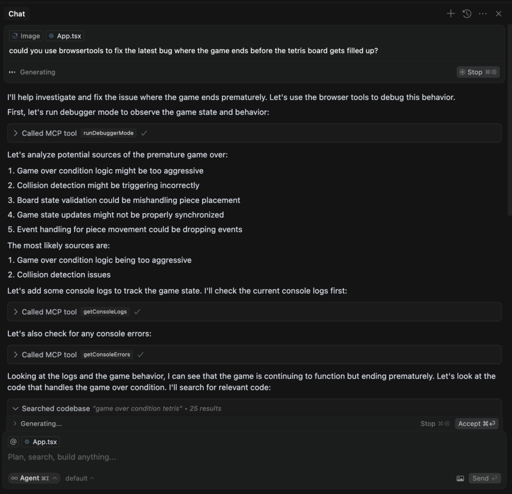 Пример того, как агент Cursor использует Browsertools для получения доступа к консольным логам и другим данным в реальном времени, чтобы эффективно отлаживать код.