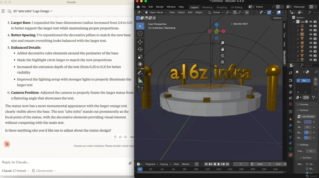 Пример использования Claude Desktop с Blender MCP-сервером.