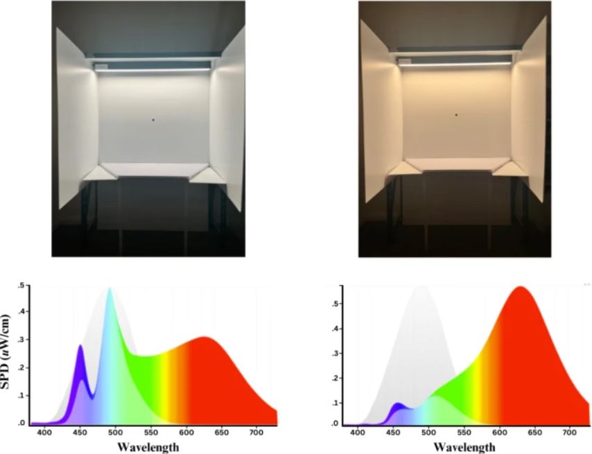 Визуальные проявления и спектральные распределения синего света. Спектральные распределения мощности (SPD) были получены с помощью программного обеспечения f.luxometer и показывают спектр света (окрашенная область), спектр меланопического действия (серая кривая с пиком при ~ 480 нм) и относительную меланопическую активацию из-за источника света (осветлённая область под цветным спектром).