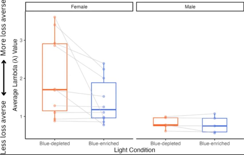 Распределение индивидуальных значений параметра неприятия потерь (λ) в зависимости от условий освещения (обогащённый и обеднённый синим свет), с разбивкой по полу. Распределение индивидуальных значений параметра неприятия потерь (λ) в зависимости от условий освещения (обогащённый и обеднённый синим свет), с разбивкой по полу.