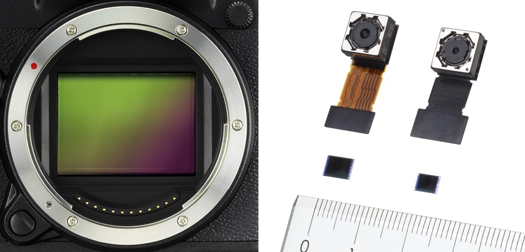 Слева — матрица зеркального фотоаппарата: площадь более 1000 мм2, справа — матрицы смартфонов: всего несколько мм2