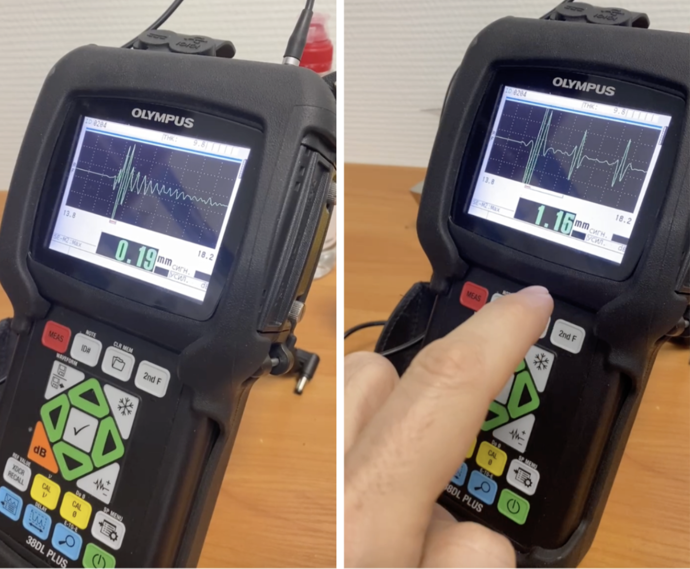 Слева подделка: толщина изделия не 0,2 мм. Справа прибор показывает реальную толщину кольца — 1,16 мм, а практически прямые линии между пиками говорят об однородности металла, то есть золото настоящее. <br />