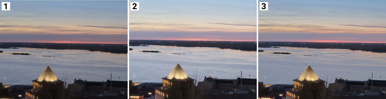 1 — без применения гамма-кривой, 2 — гамма-кривая применена, 3 — гамма-кривая применена до смешивания экспозиций