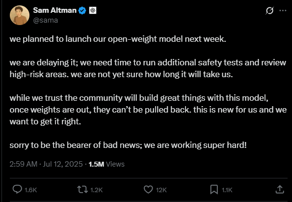 OpenAI откладывает выпуск модели с открытым исходным кодом на неопределённый срок из соображений безопасности - 2 OpenAI откладывает выпуск модели с открытым исходным кодом на неопределённый срок из соображений безопасности - 2